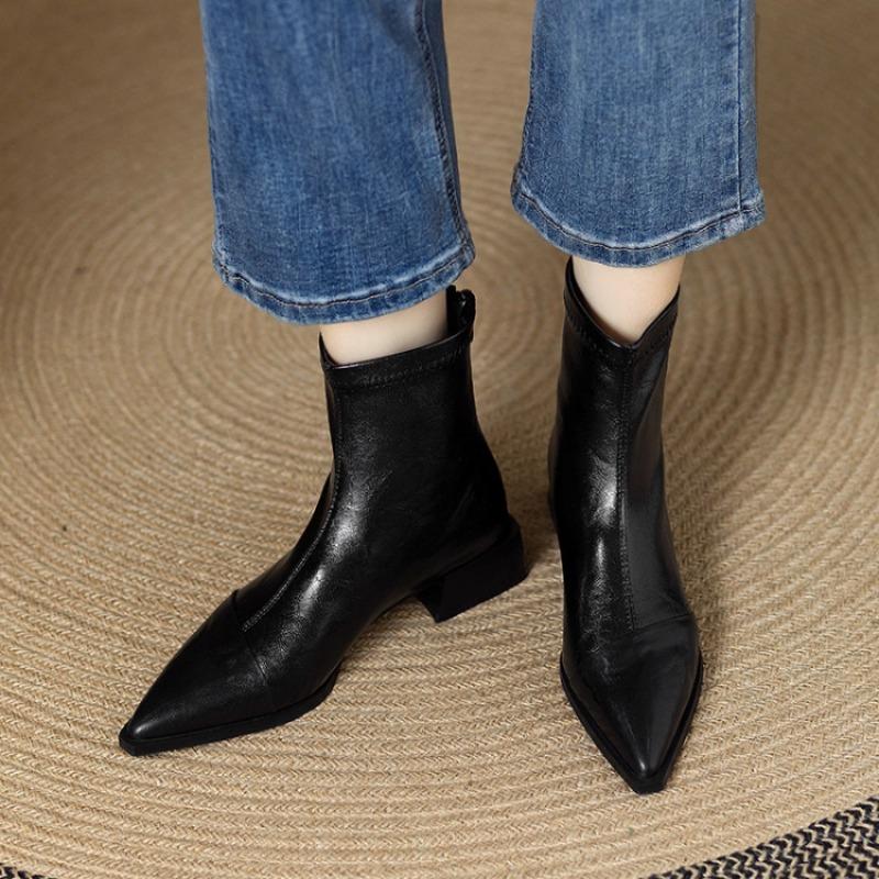 

Women Pointed Ankle Boots Mid Heels Pointed Leather Sexy Chelsea Boots Trend Design Winter New Pumps Designer Short Botas Mujer 35