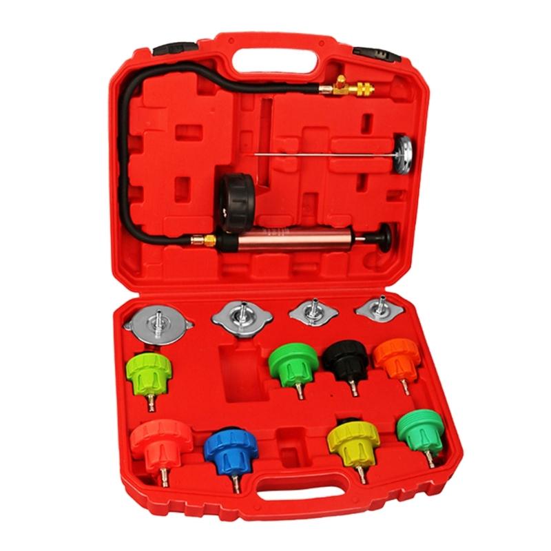 

Диагностический тест давления автомобильного радиатора с адаптерами, вакуумным насосом, термометрами, необходимыми для обнаружения утечек