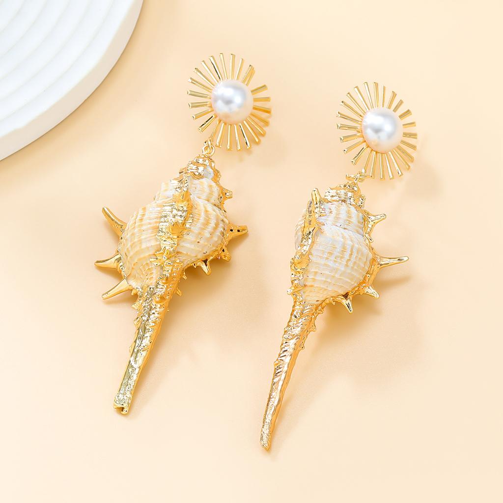 Autumn Conch Earrings Exaggerated Earrings Women'S Alloy Pearl Sunflower Bohemian Jewelry