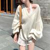 Lazy wind V-neck knitted sweater women's new autumn and winter wear loose and thin high-end long-sleeved top