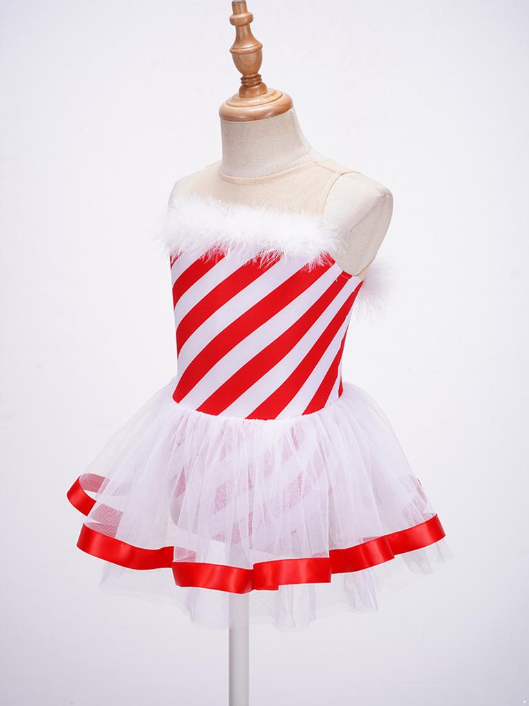 Kids Girls Sleeveless Striped Christmas Party Costume Figure Ice Skating Ballet Dance Leotard Tutu Dress