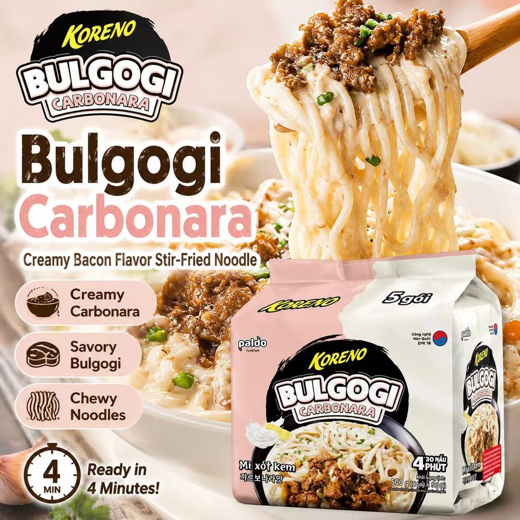 PALDO Noodle Saltati Gusto Panna e Bacon Multi-Confezione 100g*5 | Gusto Ricco Panna e Bacon, Consistenza Elastica dei Noodle, Cibo Istantaneo Conveniente