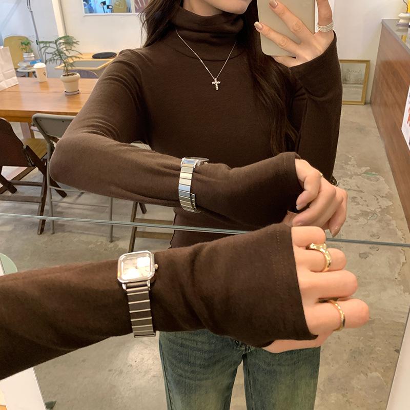 

White Slim-Fit Fleece-Lined High Neck Long-Sleeve Top for Women - New Autumn/Winter Style, Pure Desire Aesthetic. Small кавовий