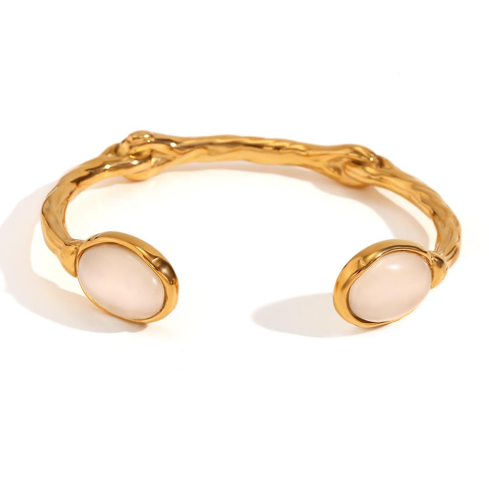MamacitaSlay 316L Stainless Steel Textured Natural Stone Cuff Bangle 18K Gold Plated Waterproof Jewelry For Women Open Bracelet