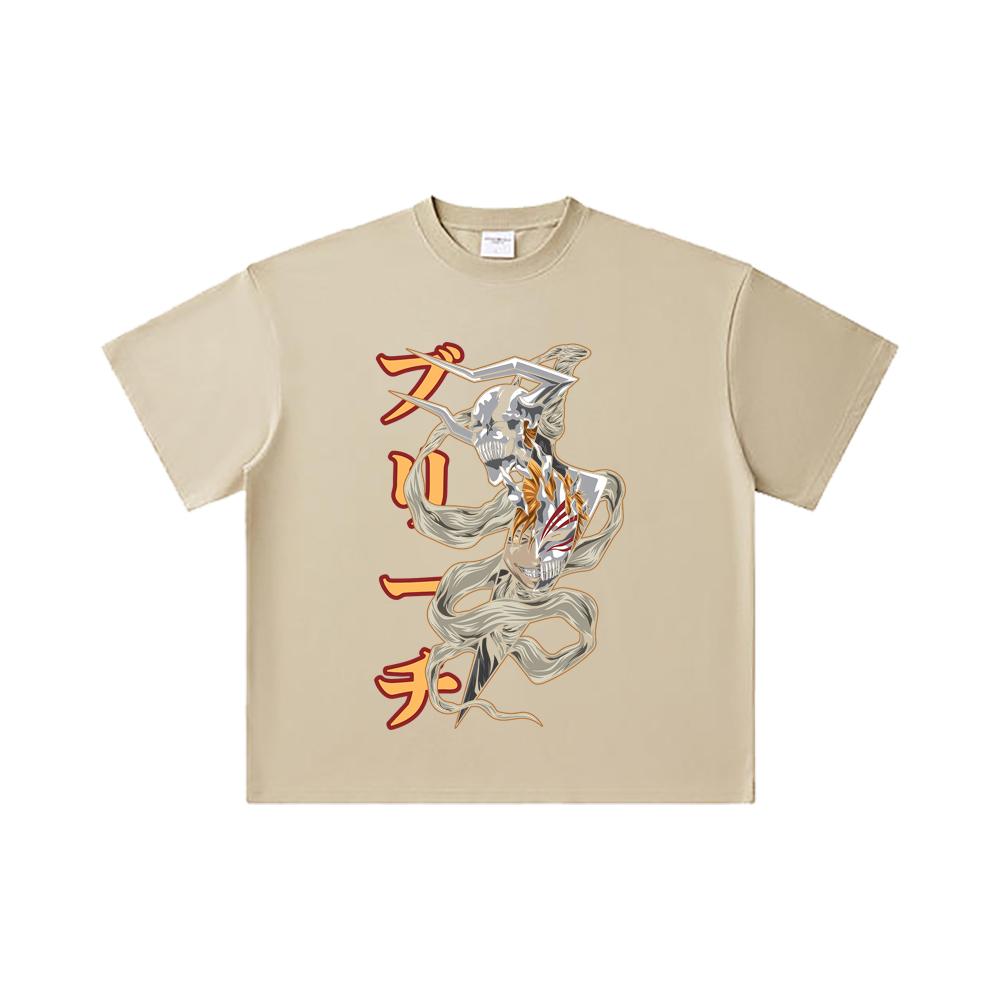 260 GSM Double Yarn 32 Count 100% Cotton Bleach V11 Zankpakuto Print Unisex Heavy Cotton T Shirt