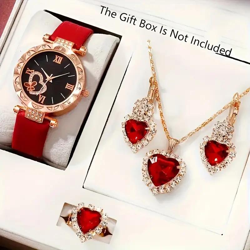 Elegant Women's 5-Piece Watch & Jewelry Gift Set: Quartz Watch, Necklace, Ring, Earrings