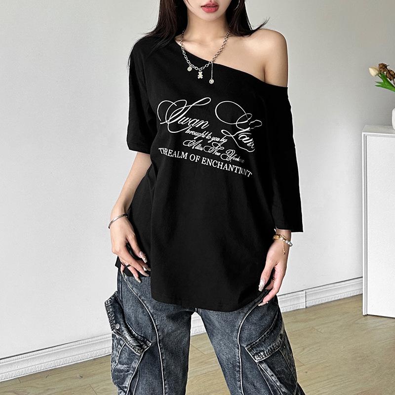 2025 Women's Summer One-Shoulder Loose T-Shirt with Letter Print