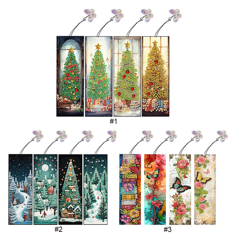4Pcs Special Shaped Christmas Butterfly Flowers 5D DIY Diamond Art Book Mark Diamond Painting Bookmark Making Kit for Beginners