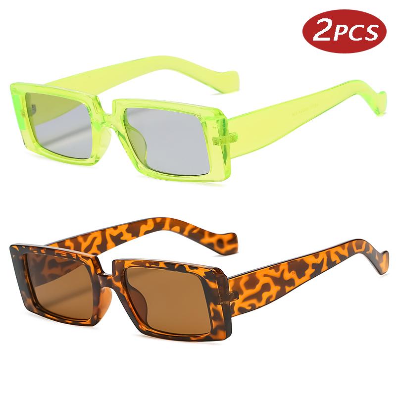 2pcs Sets Trendy Rectangle Sunglasses Small Frame Square Sunglasses Outdoor Sports Travel Vintage Gradient Eyeglasses UV400