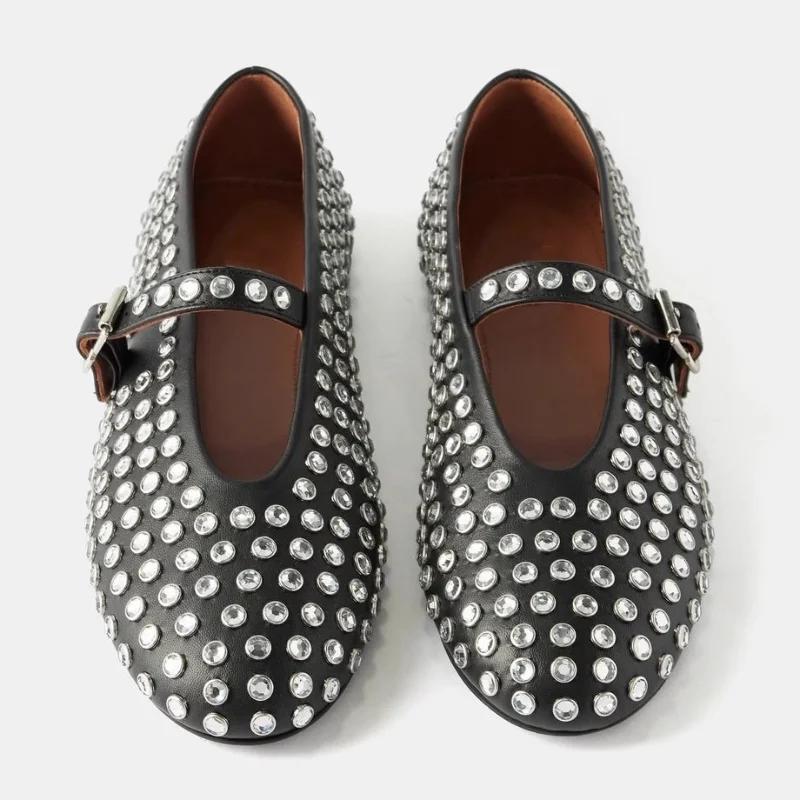 Dámské nové jednobarevné boty s nýtky z kamínků Dámské 2025 Kulatá špička Dutá přezka na opasku Pohodlné ploché taneční baletky Mary Jane boty