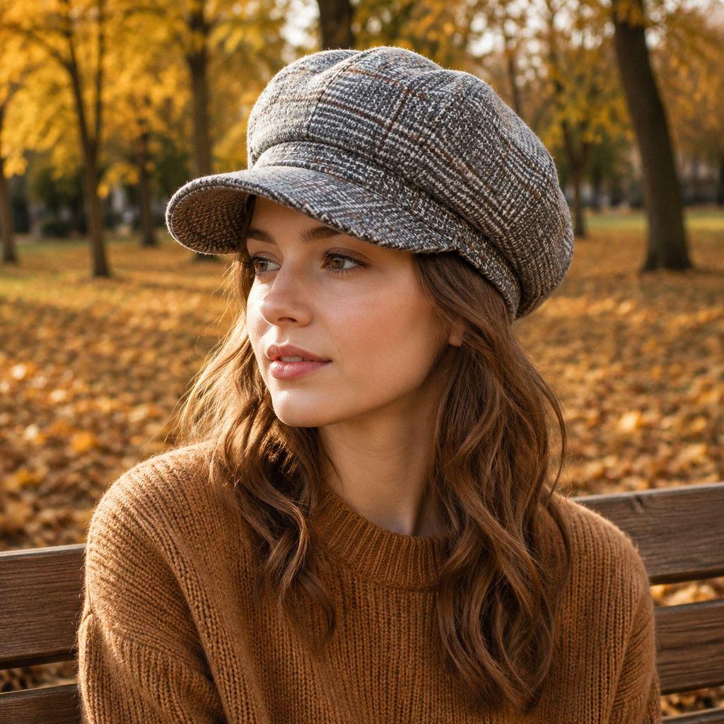 Women's Retro Plaid Wool Beret - Autumn/Winter Versatile Octagonal Hat