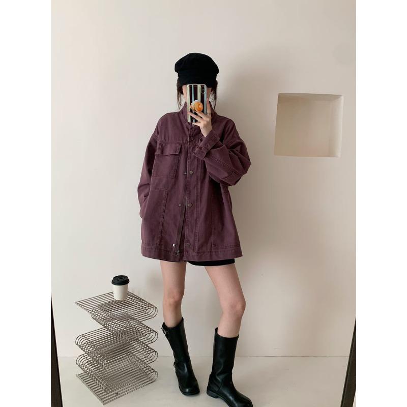 Grape purple denim jacket women's commuter top medium and long stand-up collar jacket