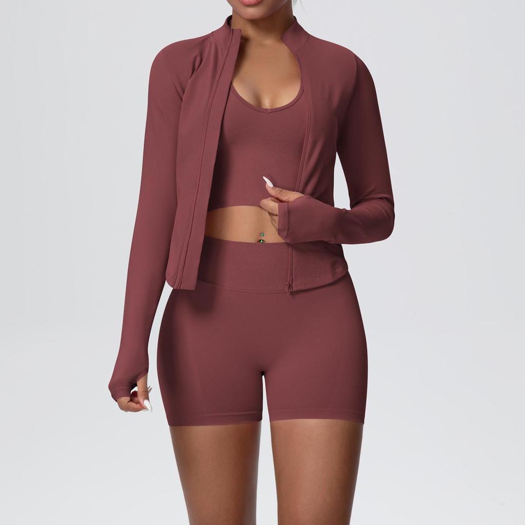 Women's European & American Sports Casual Three-Piece Set: Knitted Long Sleeve Zipper Jacket, Sports Vest, & Shorts Fitness Wear.