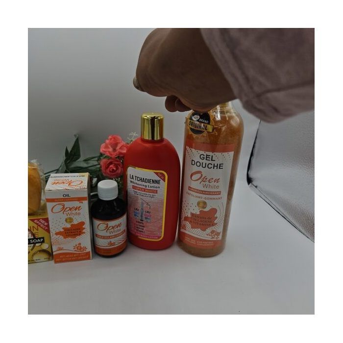 Open White Body Care – Gel Douche 1L, Huile Corps 125ml, Lait Tchadienne & Savon Egyptian Gold
