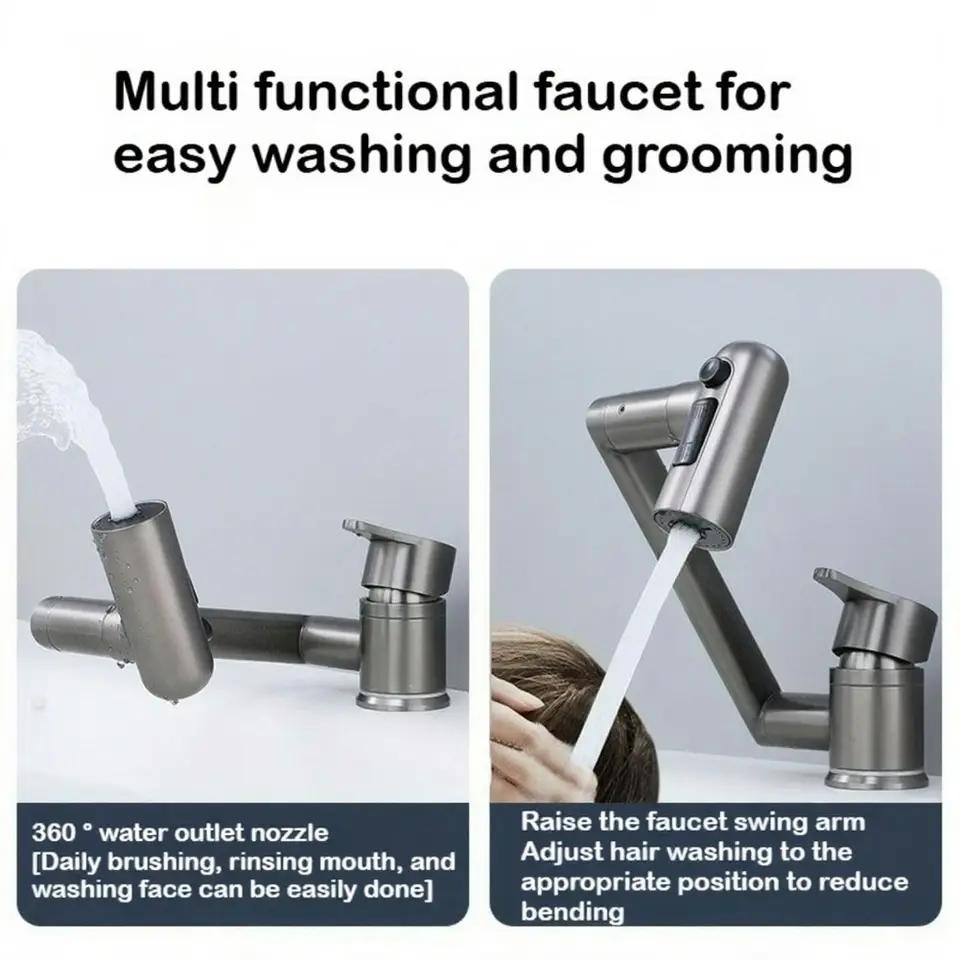 Foldable Bathroom Basin Faucet Stream Sprayer Hot Cold Water Tap Stainless Steel Mixer Wash Tap Aerator 360° Rotation Swing Arms