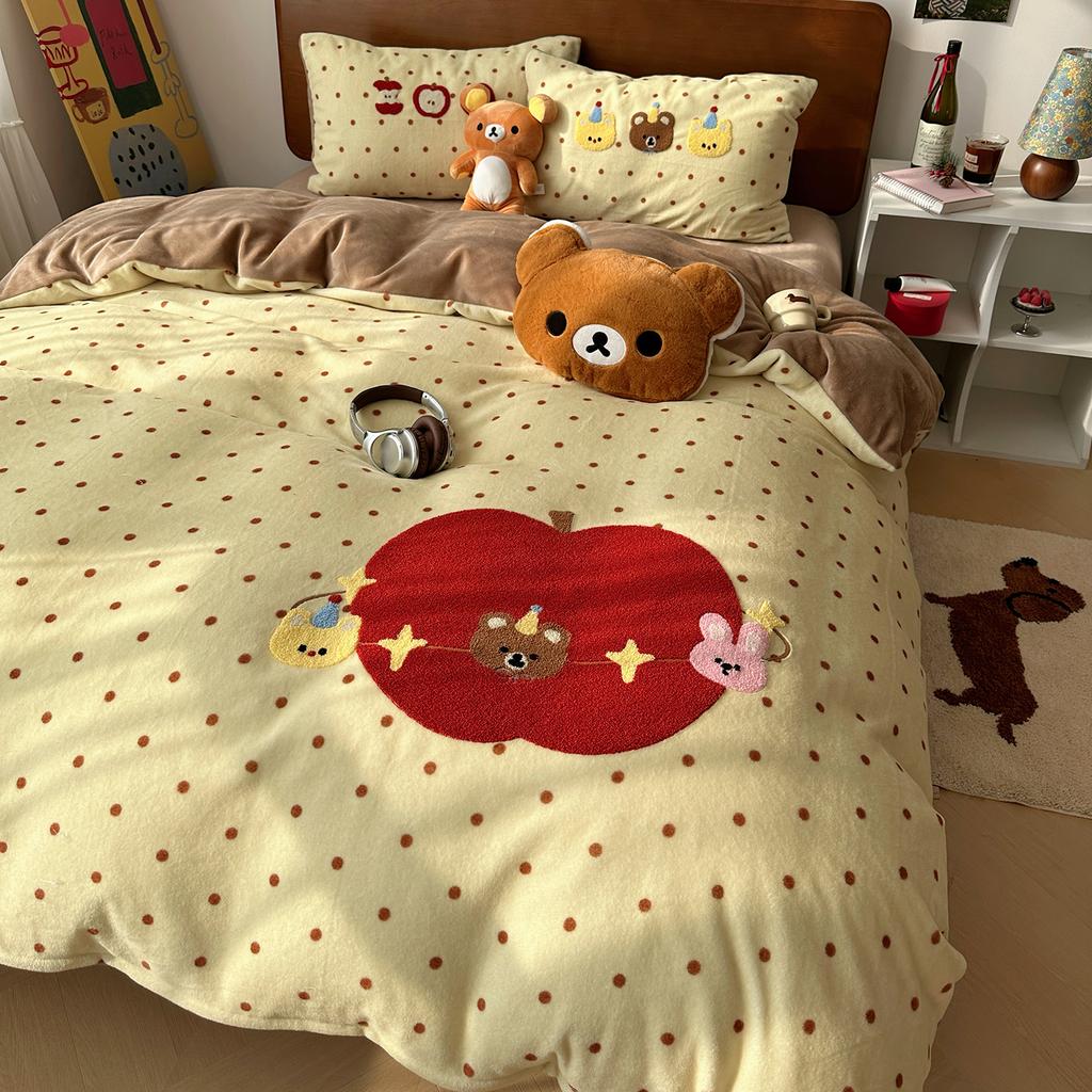 Kawaii Bear Embroidered Winter Bedding Set Thickened Warm Milk Velvet Duvet Cover Set with Sheets Soft Flannel Quilt Cover Kit