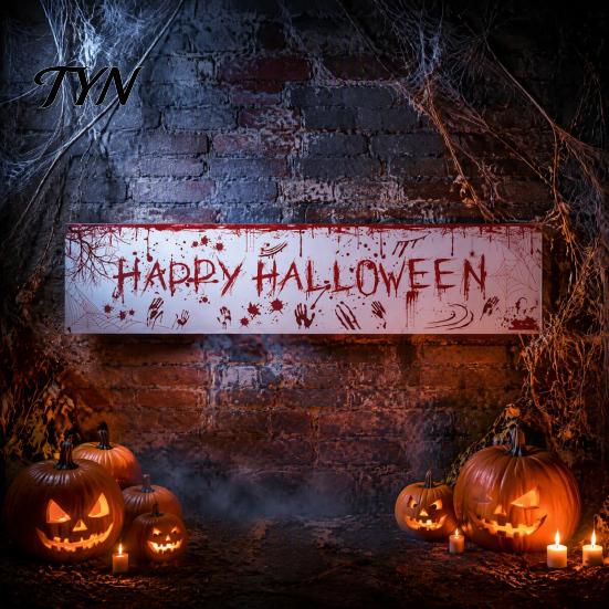 Indoor Outdoor Hanging Banner Large Happy Halloween for Outside, 70 x 15 Inch Yard Sign Front Porch Decor Flag, Spooky Welcome Garden Fence Home Party