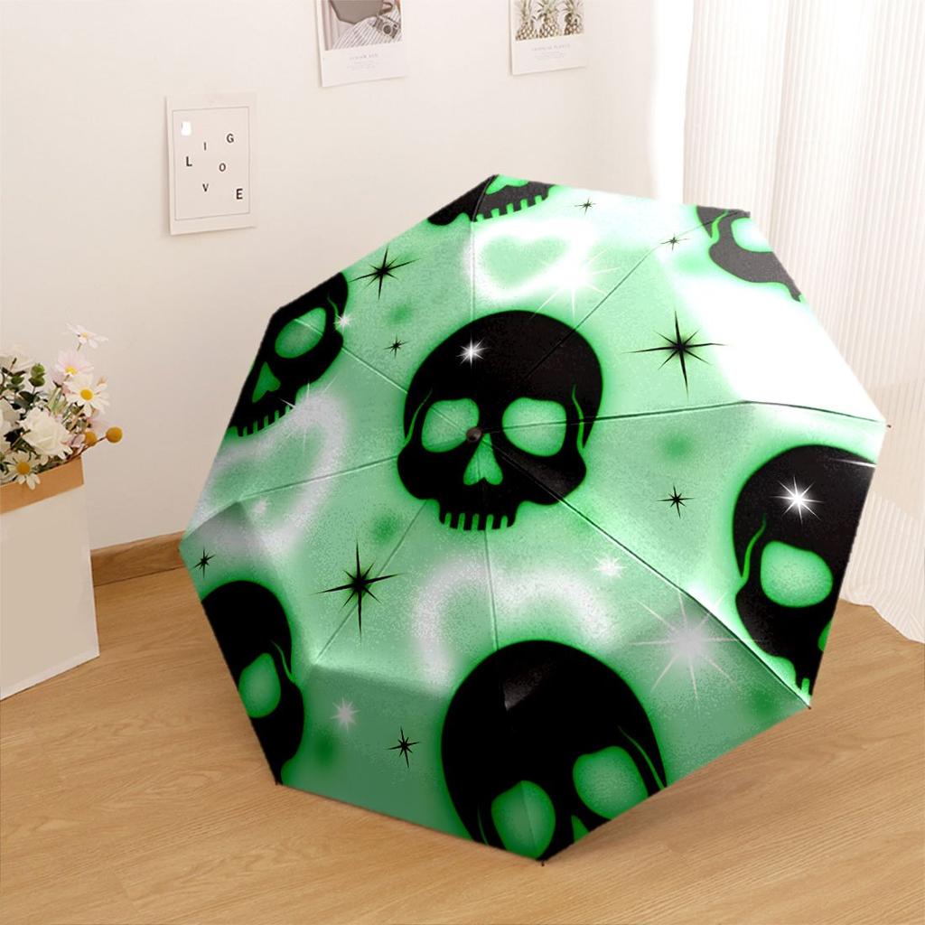 Glowing Skulls And Hearts On Mint Background Outdoor Automatic Umbrella Folding Umbrella With 8 Ribs Foldable Design For Women Men Stylish Accessory