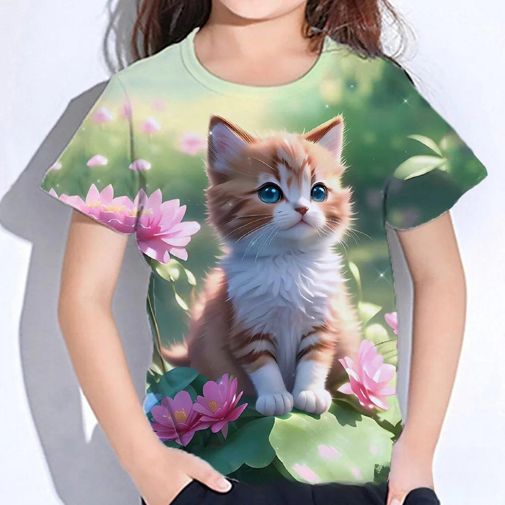 Summer Round Neck 3D Cat Printed Top Fashionable Casual Short Sleeved Children's Girl T-shirts