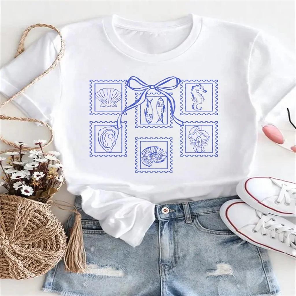 Clothing Women's Bow Printed Short Sleeved Top T-Shirt Women's Cute Style Casual Pattern Summer Printed Fashionable T-Shirt