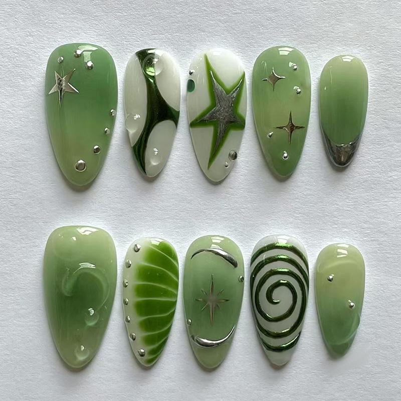 24 STÜCKE Süße Coole Mandel Falsche Nägel Rosa Rouge Sternmuster Französisch Aufkleben Nägel Vollständige Abdeckung Metallisch Silber Tragbarer Falschnagel