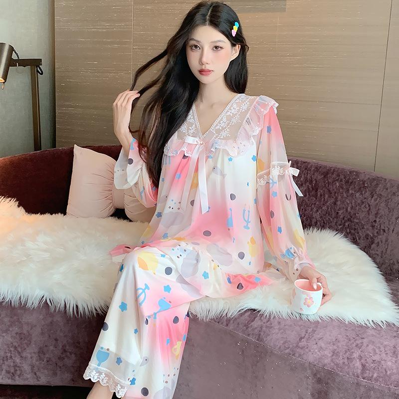 Linglei Long-Sleeved Pajamas Women'S Mesh Yarn Sweet Lace Princess Wind Trousers Set Loungewear