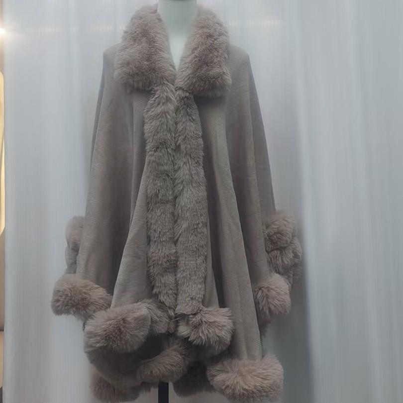 European & American Autumn/Winter Knit Fur Collar Cape with 3 Fur Strips