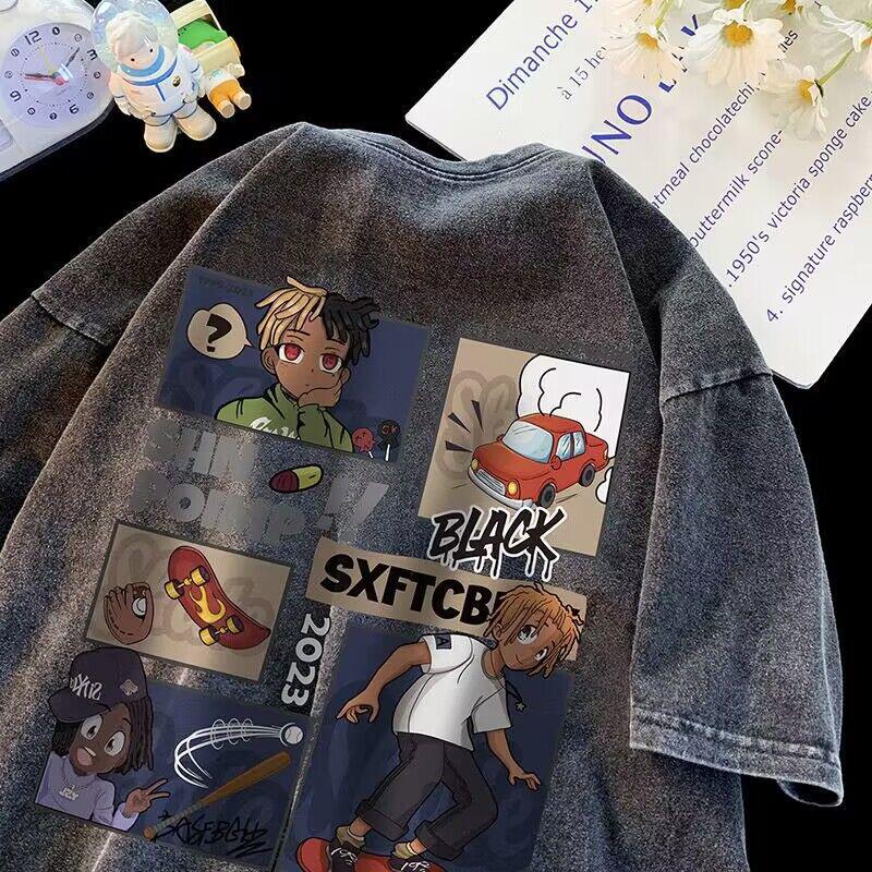 Men's High-End Washed Vintage Cartoon T-Shirt - Summer Short Sleeve Fashion