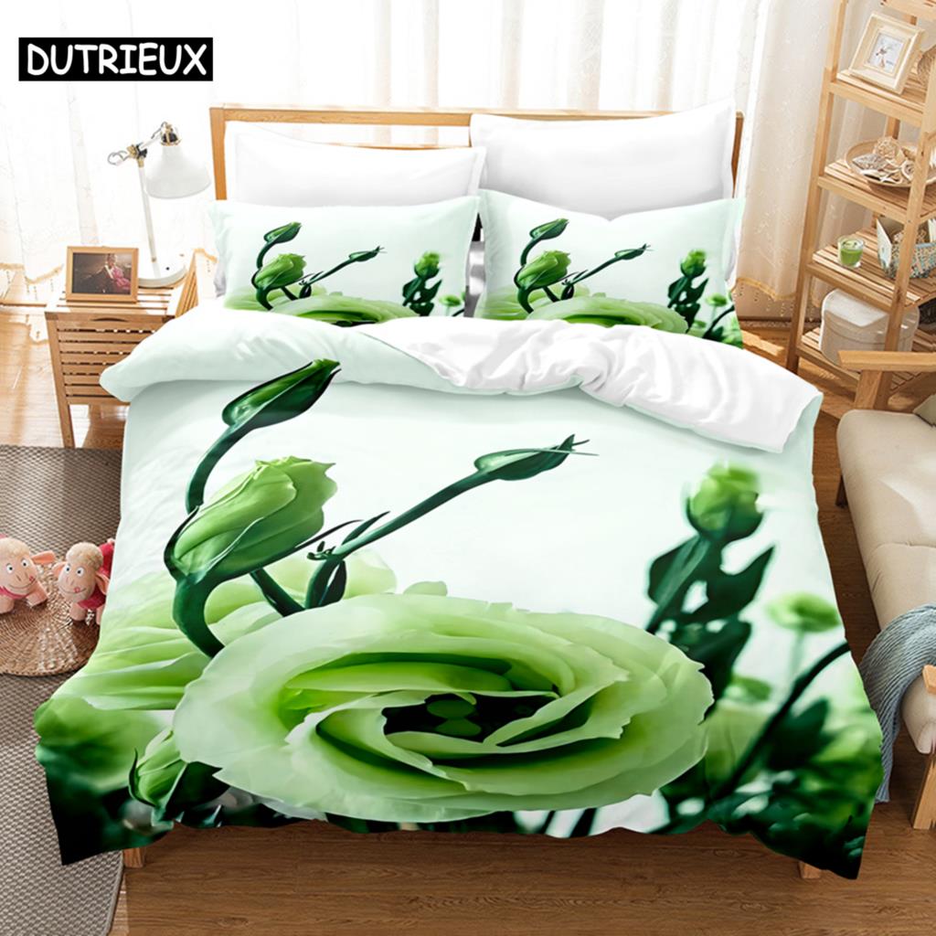 Green Rose Duvet Cover Flower Comforter Quilt Covers Queen Size Pillowcase Bedding Set 3PCS 2PCS for Single Double Bed Full Twin