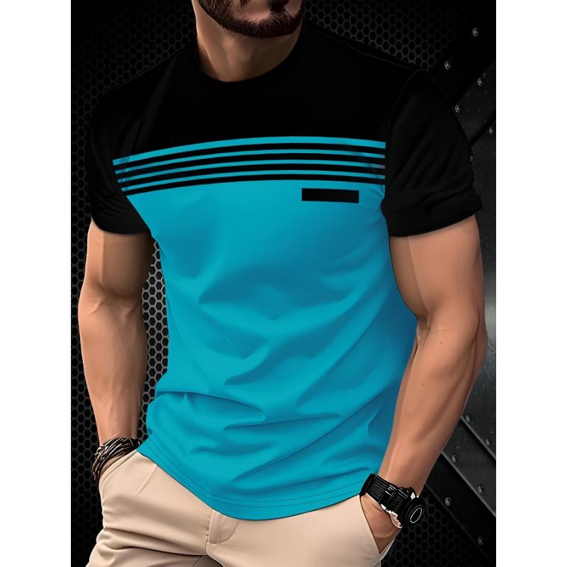 Fashionable Men's Summer New Striped Print Comfortable Breathable Round Neck T-shirt Outdoor Casual Top