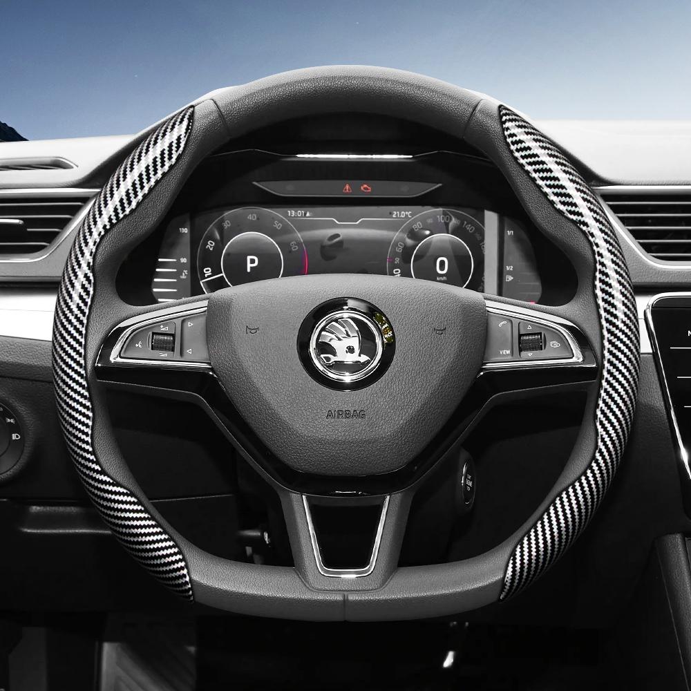 Suitable for Skoda Carbon Fiber Texture Steering Wheel Cover with Segmented Quick-Release Design, Durable, for Octavia Kamiq Fabia Kodiaq Karoq Enyaq