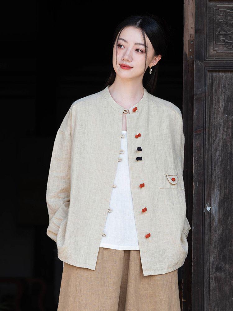 Women's Retro Cotton Linen Color Block Frog Button Cardigan Shirt