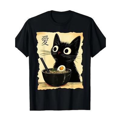 Men's Anime Cute Cat Ramen Pattern T-shirt Soft and Round-neck T-shirt Featuring Playful Black Cat and Ramen Art Patterns