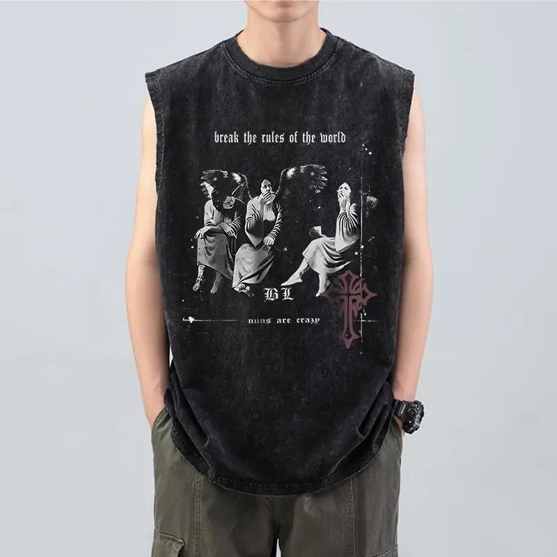 

Street Cycling Vest Old Washed Love Casual Wear American Retro Trend Black Vest Sleeveless Vest Women and Men Loose 3XL