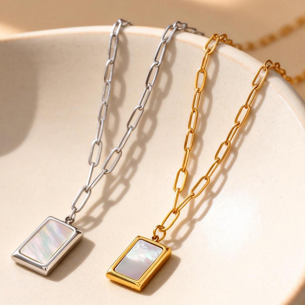 18K Gold-Plated Stainless Steel Necklace with White Mother-of-Pearl Square Pendant | French INS Style Fashion Jewelry