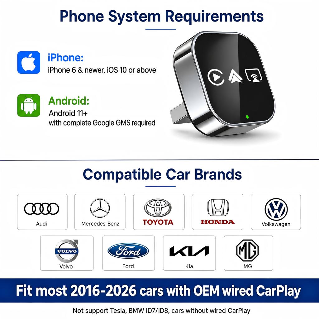 4 In 1 Smart Car Dongle Wireless CarPlay & Android Auto Adapter Wired To Wireless Converter AirPlay Miracast Screen Mirroring