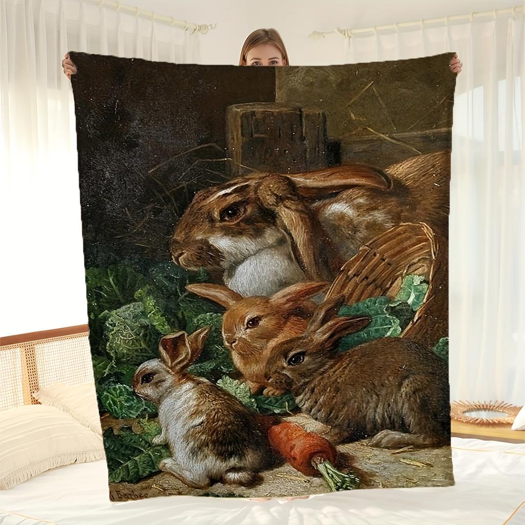 1pc Art Rabbit Print Blanket, Flannel Blanket, Soft Warm Throw Blanket Nap Blanket For Couch Sofa Office Bed Campin