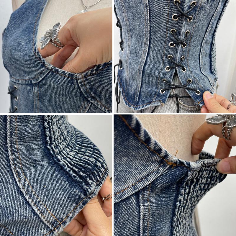 Denim Halter Crop Top: Punk Lace-up Sleeveless Slim Fit