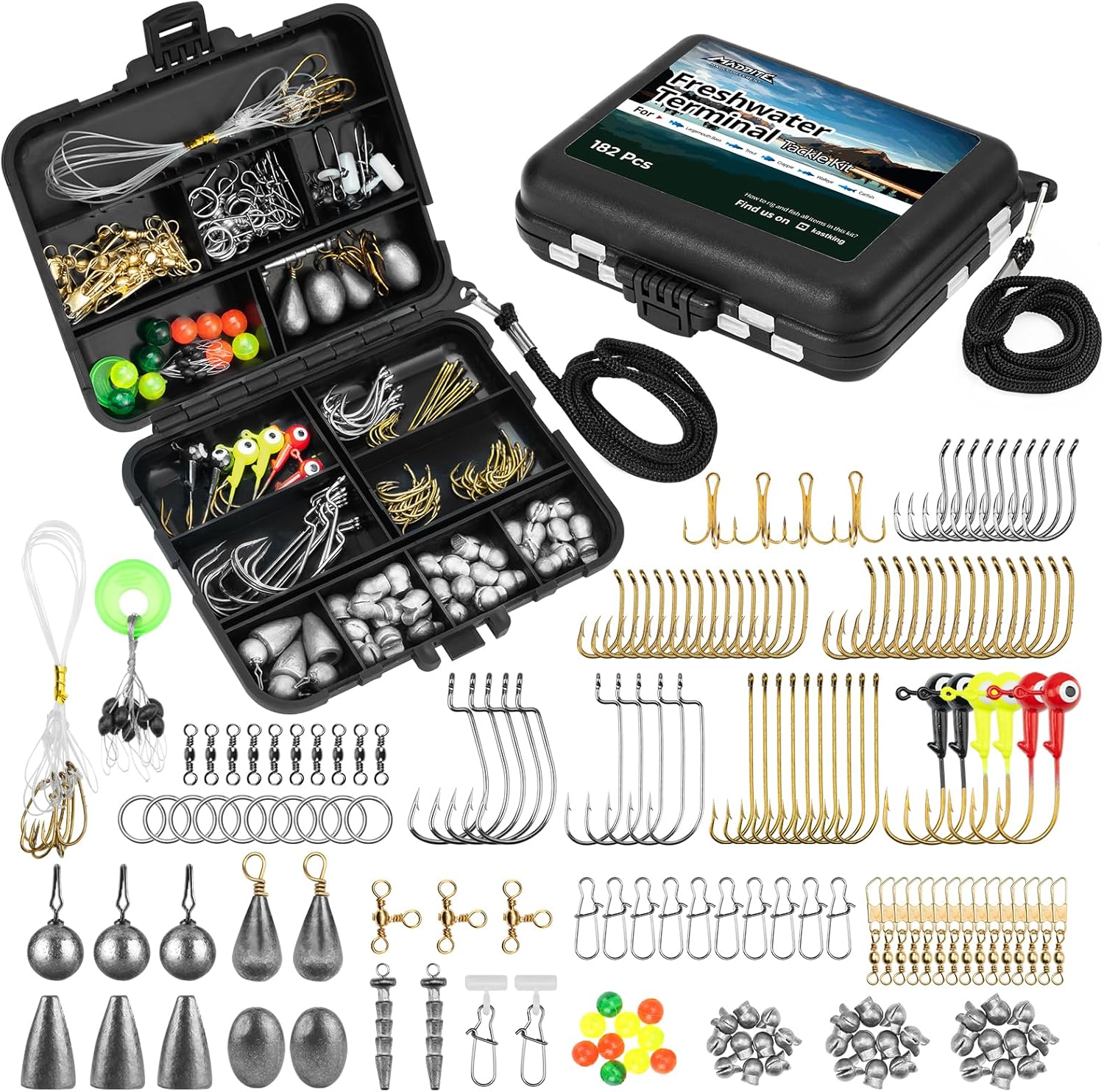 MadBite by KastKing 182/265/400pcs Compact Fishing Tackle Kit - All-in-One Freshwater Hooks, Weights, Bobbers in Tackle Box, Fishing Gear Set 182pcs Terminal Tackle Kit