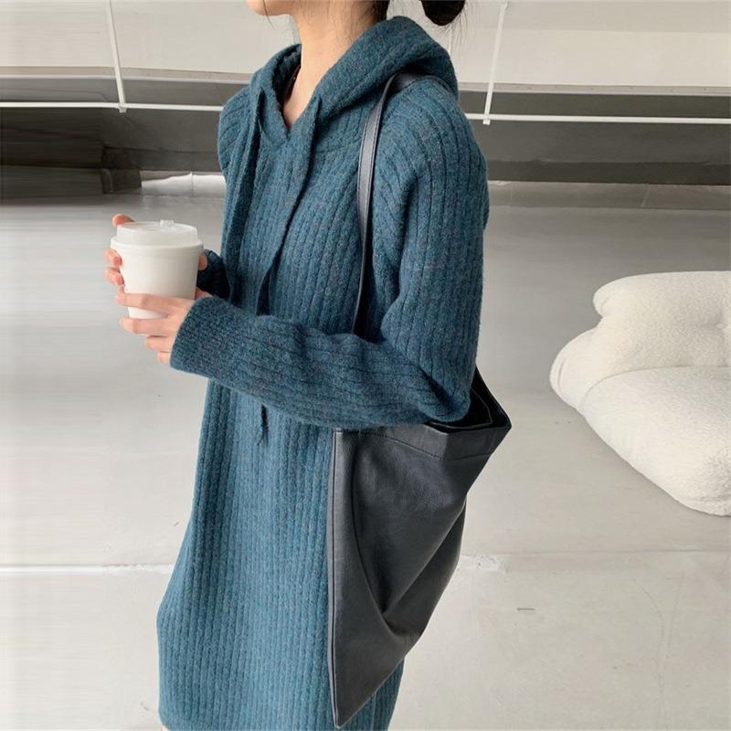 Long over-knee sweater skirt top women's autumn and winter new loose long-sleeved hooded knitted dress women's fashion trend