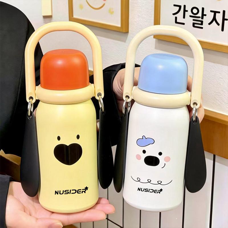 Hand-Thermosbecher Edelstahl Tragbar Doppelter Trinkhalmbecher Kinder Schüler Niedlicher Wasserbecher