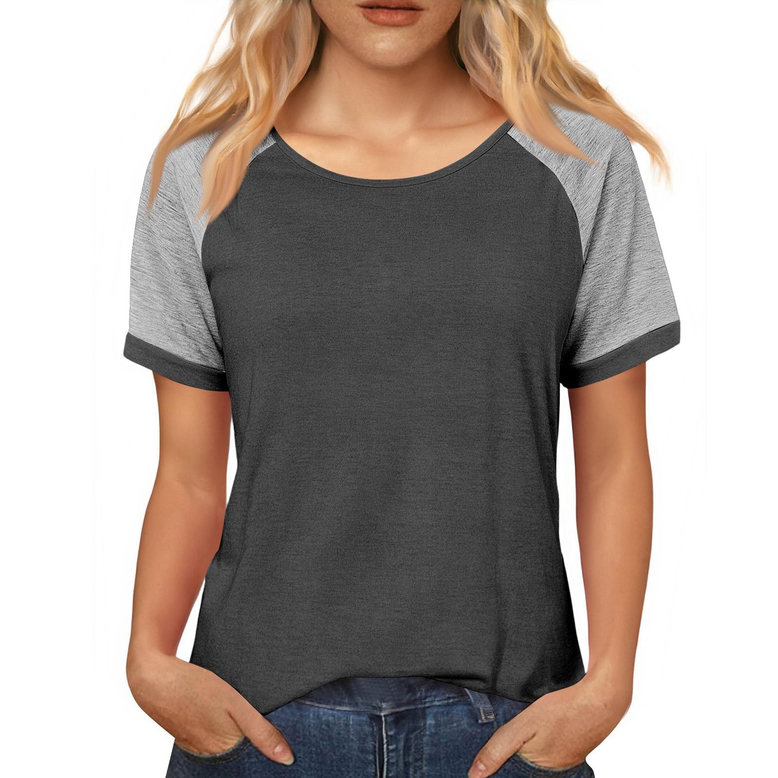 Women s Casual Loose Contrast Color Stitching Round Neck Short Sleeve Top S