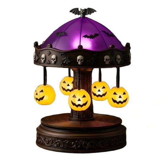 xiaobudian Ghost Carousel Light, Halloween Night Gothic Stained Glass Shade with Floating Ghosts/Pumpkins, Spooky Table Lamp for Bedroom Home