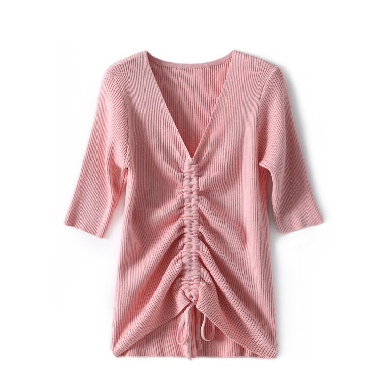 

V-neck Sweater Black Slim Fit Bottoming Top Drawstring Pink S