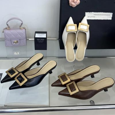 Modne Metalowe Klamry Dekoracja Skórzane Klapki Damskie Seksowne Szpiczasty Nosek Niski Obcas Klapki Sandały Letnia Elegancka Sukienka Bankietowa Buty Muels