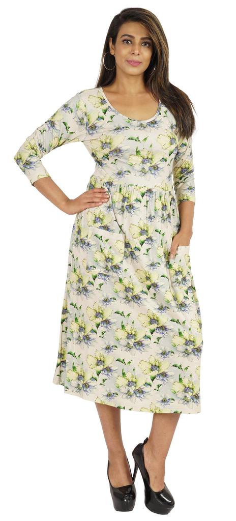 Phagun Women Summer Midi Dress Casual Loose Pockets Dress Scoop Neck Dresses