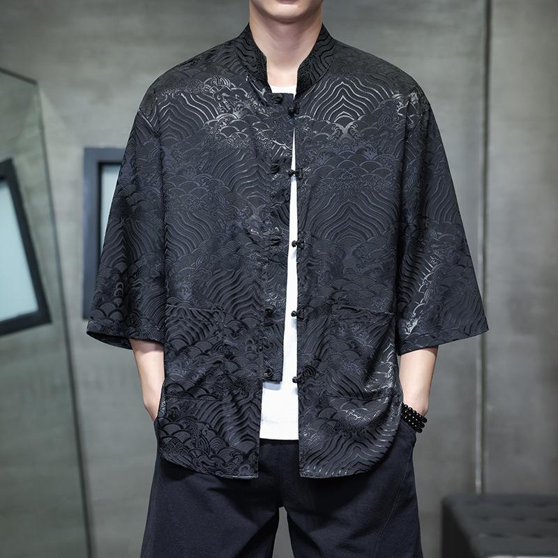 Chinese style ice silk seven-quarter-sleeved shirt men's Tang suit buckle Hanfu large size printed short-sleeved shirt ethnic style