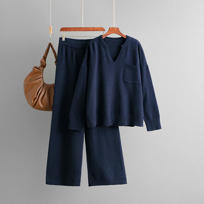 Fashion Set Women's Autumn Winter V-neck Loose Solid Color Split Head Knitted Sweater Two Piece Set