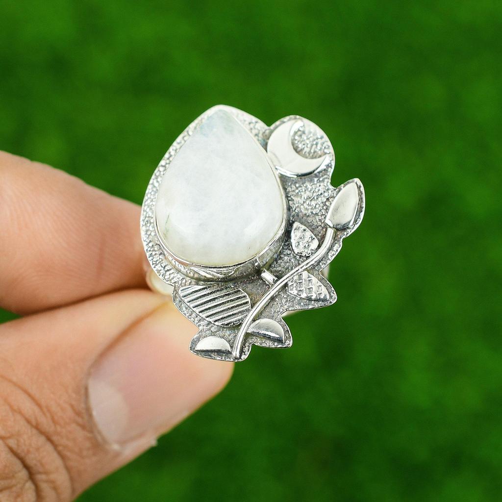 925 Silver Pear Rainbow Moonstone Stone Wedding New Statement Bezel Ring Jewelry