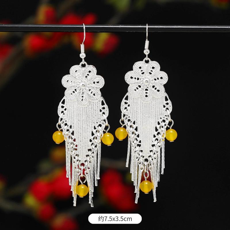 Miao Yin earrings original niche retro Dongling jade earrings long fringed earrings women
